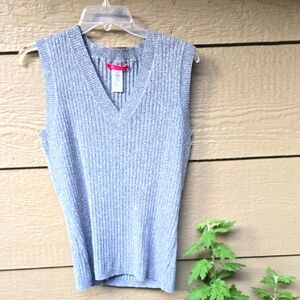 Anne Klein Gray Silver Metallic Ribbed V-neck Sweater Vest 1X